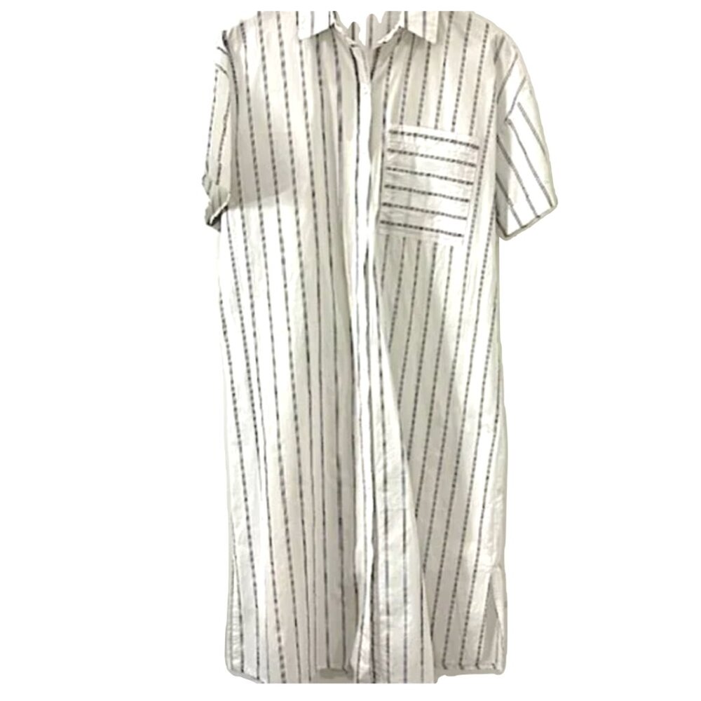 White Long Shirt Dress with Black Stripes